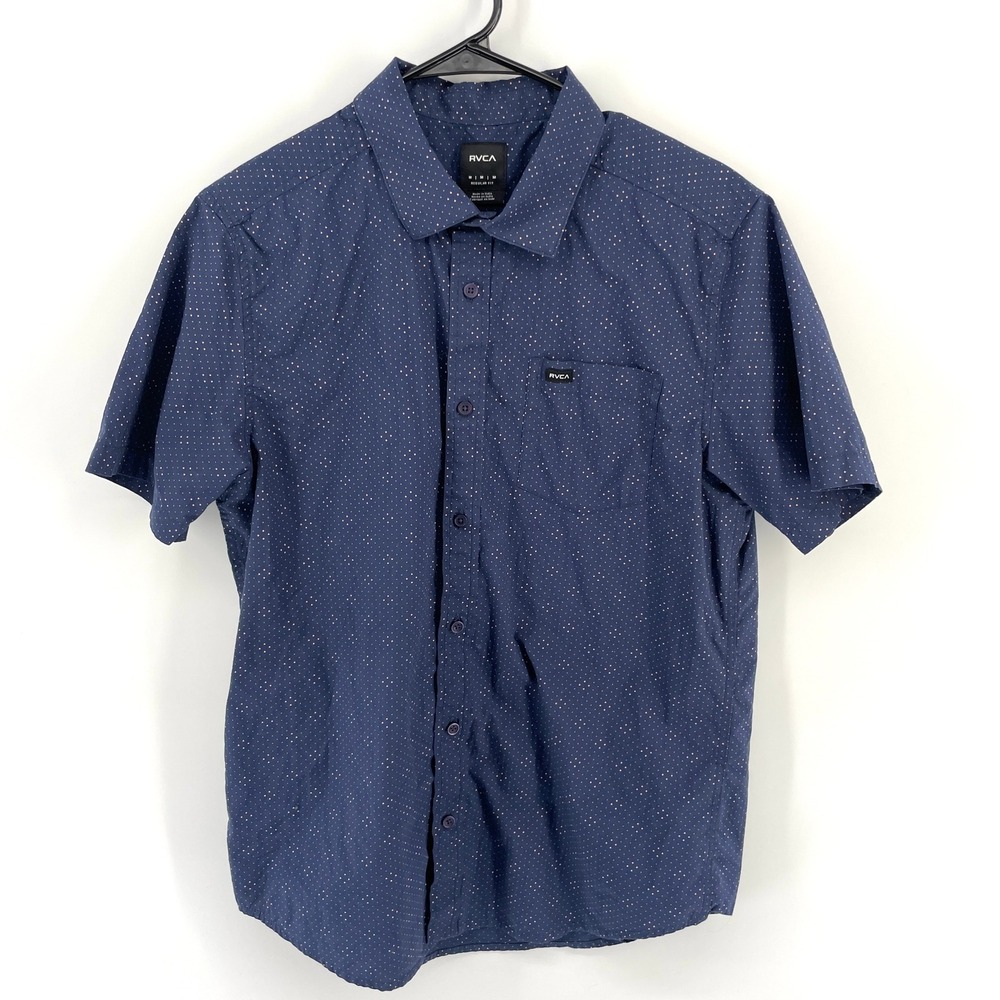 RVCA Mens Medium Blue White Pink Polka Dot Short Sleeve Button Shirt Regular Fit